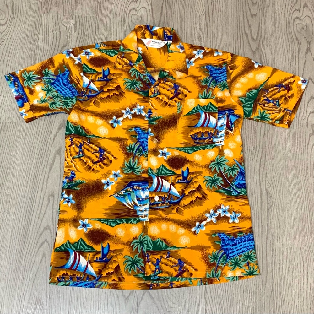 Vintage 70s 80s Romani Orange Hawaiian Shirt Surfers Hula Girl Boats Mens Small - Picture 2 of 5